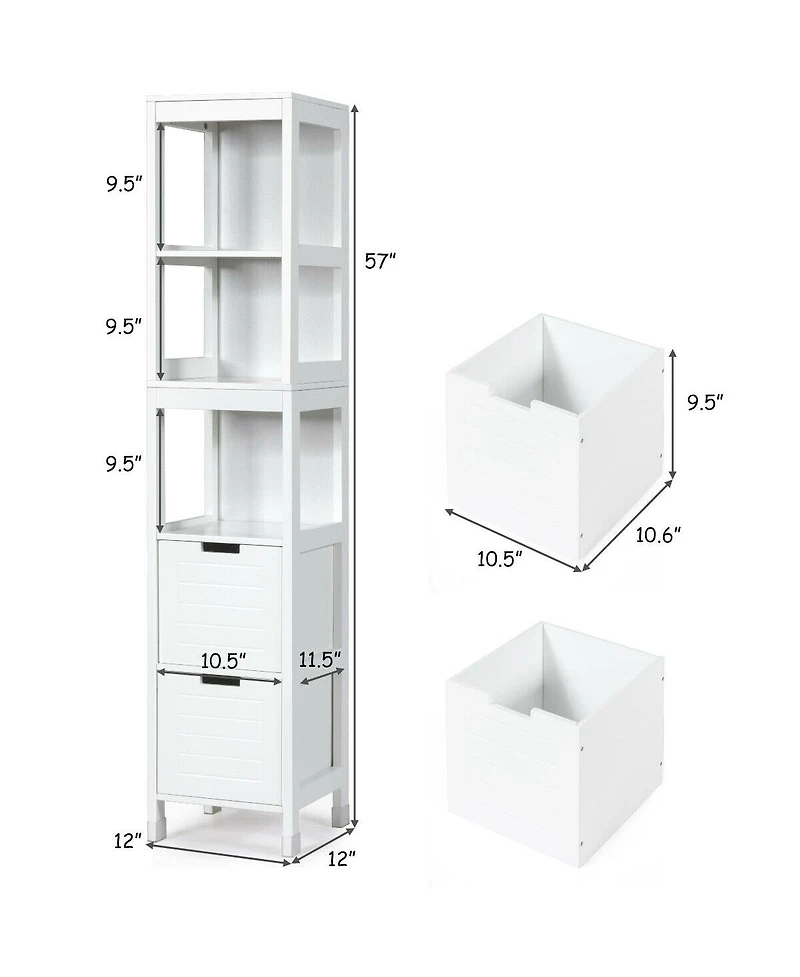 Gymax Bathroom Floor Cabinet Multifunctional Storage Organizer 5Tier Shelves&2 Drawers