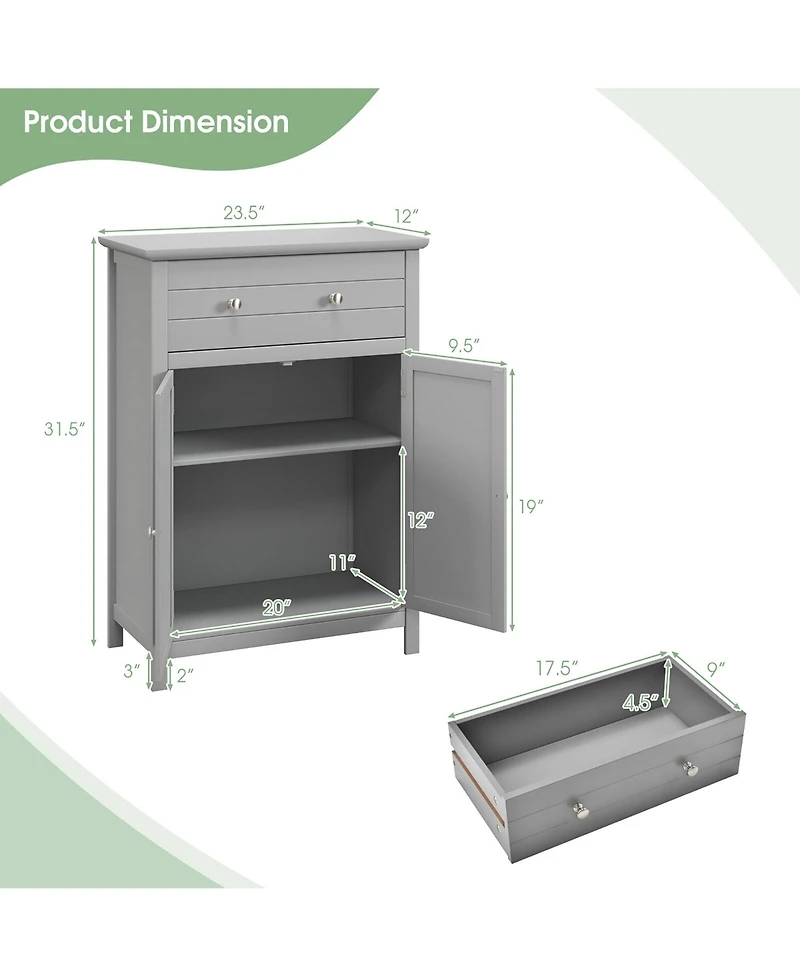 Gymax Bathroom Floor Cabinet Wooden Storage Organizer with Drawer & Doors Blcak