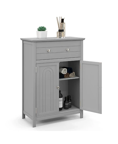 Gymax Bathroom Floor Cabinet Wooden Storage Organizer with Drawer & Doors Blcak
