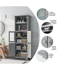 Gymax Bathroom Tall Storage Cabinet Linen Tower w/ Glass Door & Adjustable Shelf Grey