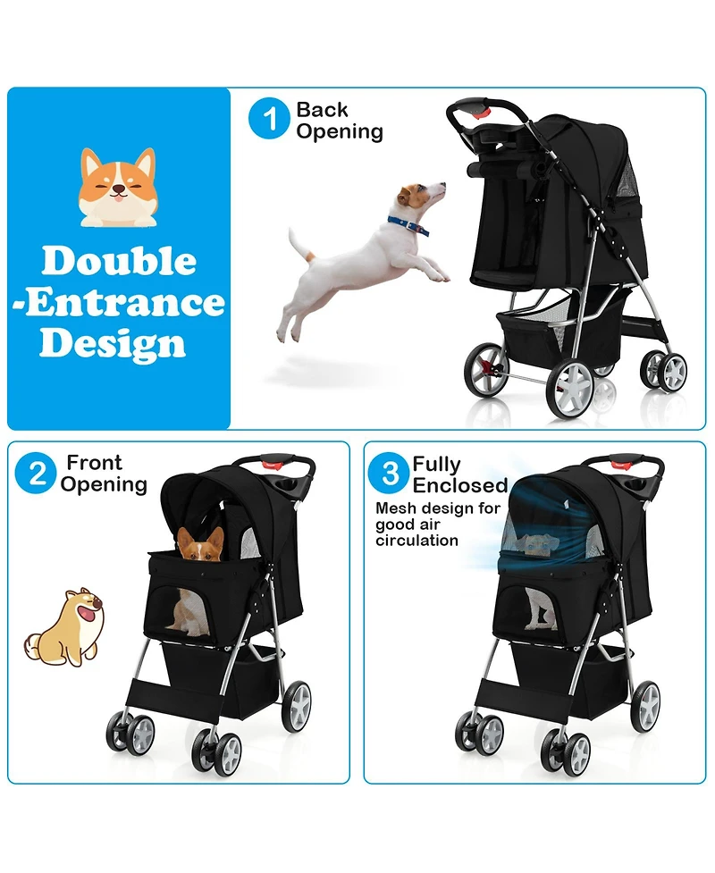 Pet Stroller Folding with Storage Basket and Adjustable Canopy – Easy to Maneuver Dog