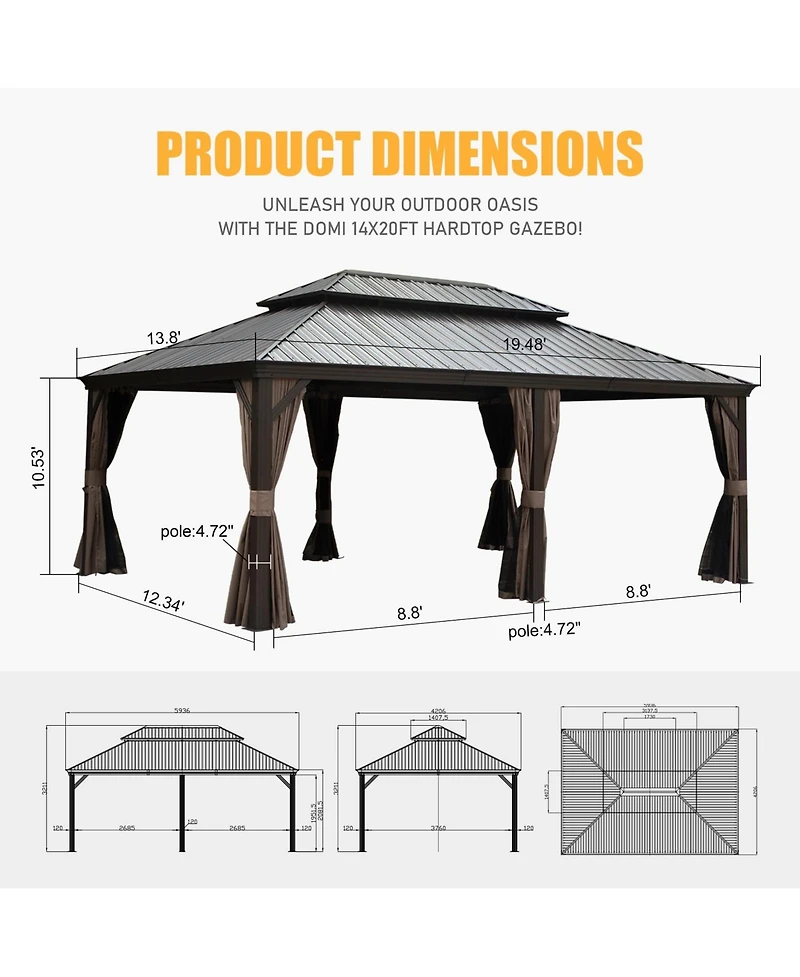 Outdoor Living 14x20FT Hardtop Gazebo, Permanent Metal Gazebo with Galvanized Steel Double Roof and Aluminum Frame, Curtain and Netting, Large Pavilio