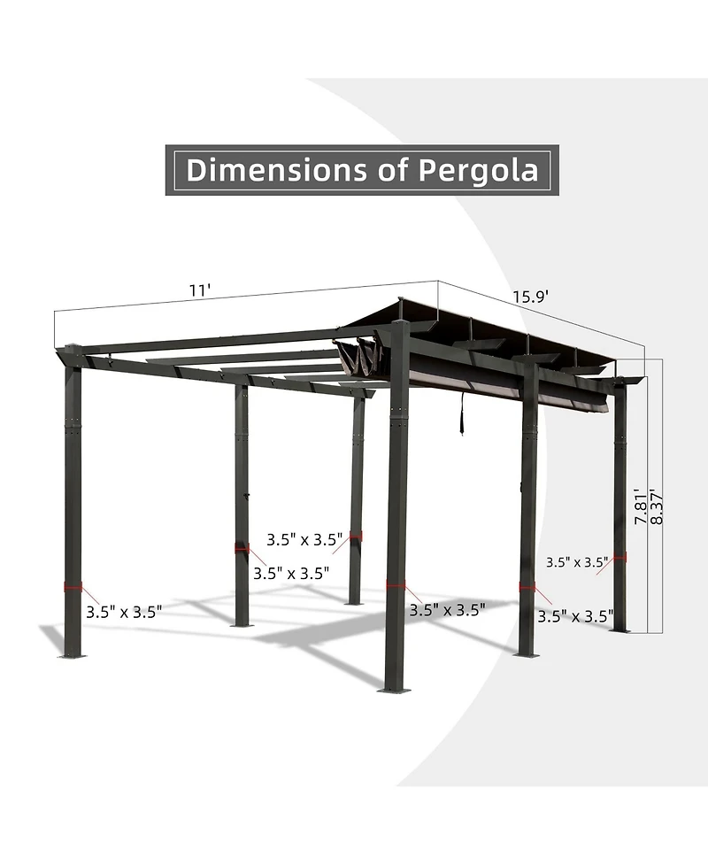 11 X 16 Ft Outdoor Living Retractable Pergola with Weather-Resistant Canopy Aluminum Garden Patio Grill Gazebo