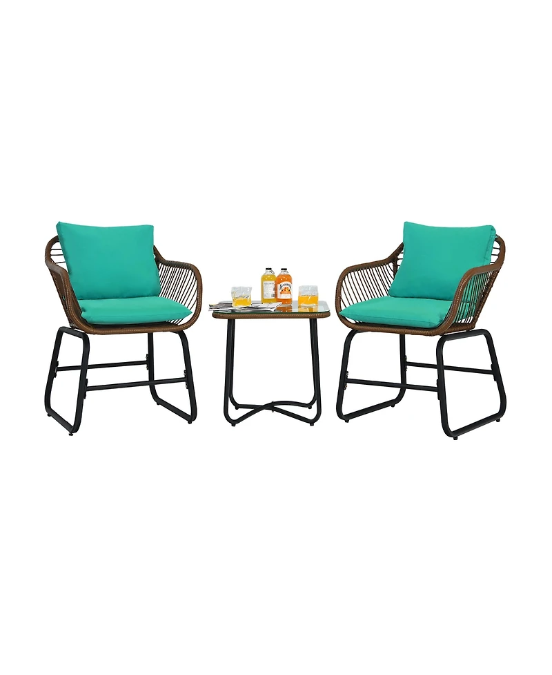 3PCS Patio Rattan Bistro Set Cushioned Chair Glass Table Deck