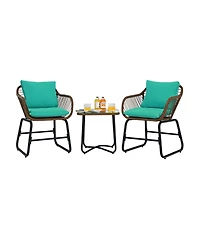 3PCS Patio Rattan Bistro Set Cushioned Chair Glass Table Deck