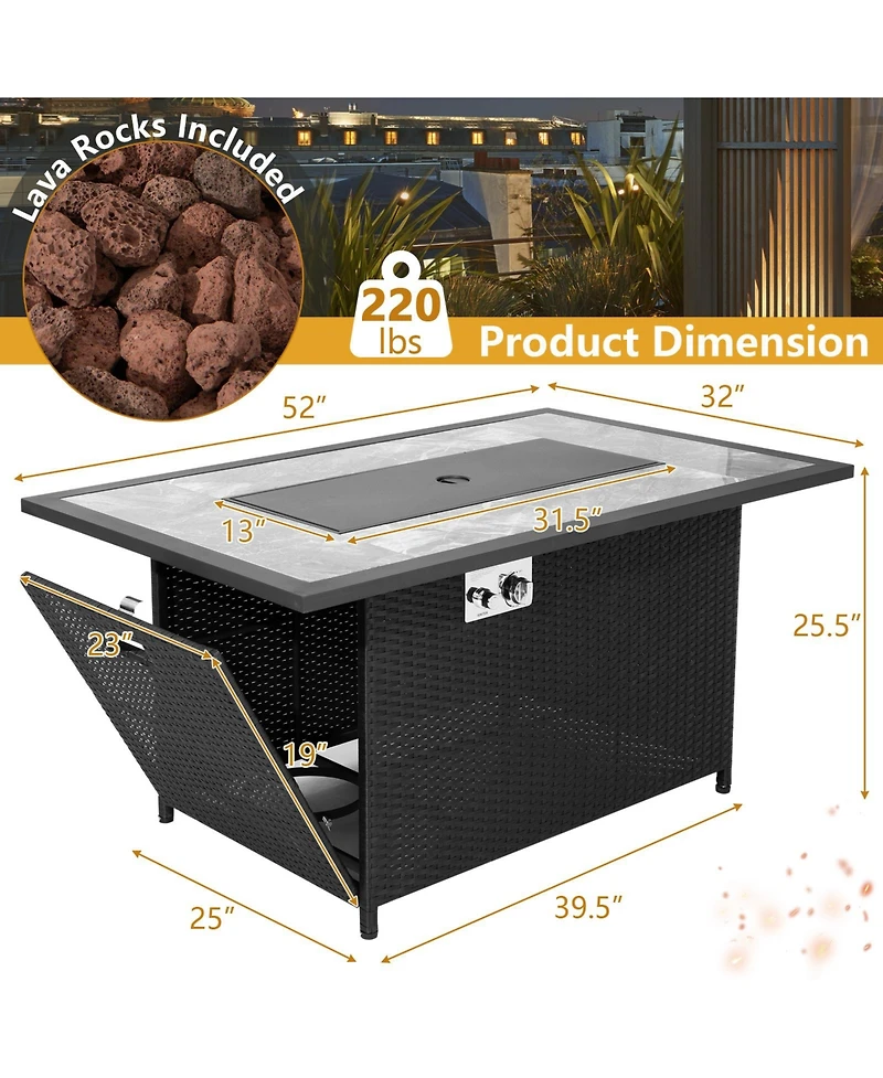 Rattan Wicker Propane Fire Pit Table with Rain Cover and Lava Rock
