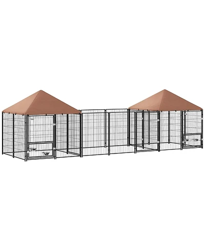 PawHut Dog Kennel Outside with 2 Rooms, Rotating & Adjustable Height Bowls