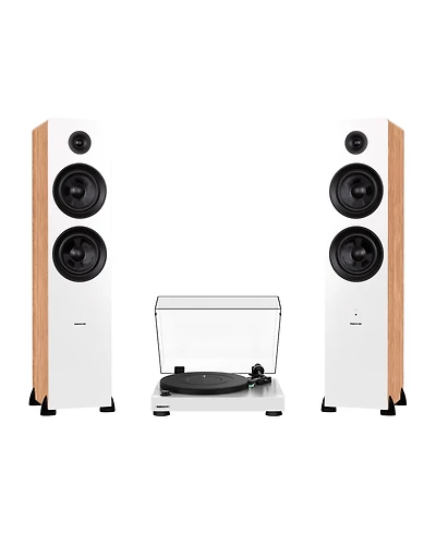 Fluance RT81 Elite High Fidelity Vinyl Turntable (White) with Ai81 Powered 2-Way Floorstanding Speakers (Bamboo), Diamond Stylus, Belt Drive, Built-in