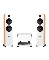 Fluance RT81 Elite High Fidelity Vinyl Turntable (White) with Ai81 Powered 2-Way Floorstanding Speakers (Bamboo), Diamond Stylus, Belt Drive, Built-in