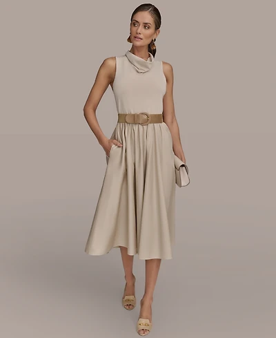 Donna Karan New York Women's Mixed-Media Belted Midi Dress