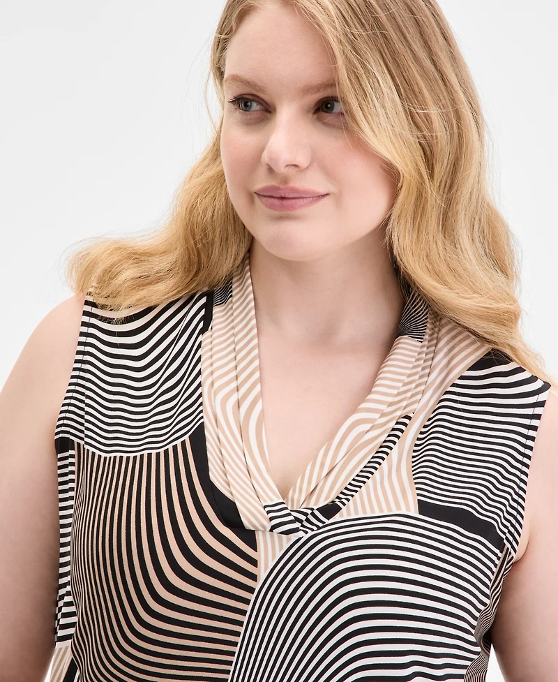 Anne Klein Plus Printed Triple-Pleated V-Neck Top