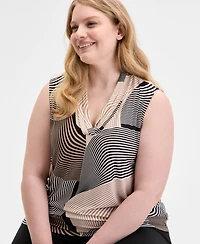 Anne Klein Plus Printed Triple-Pleated V-Neck Top
