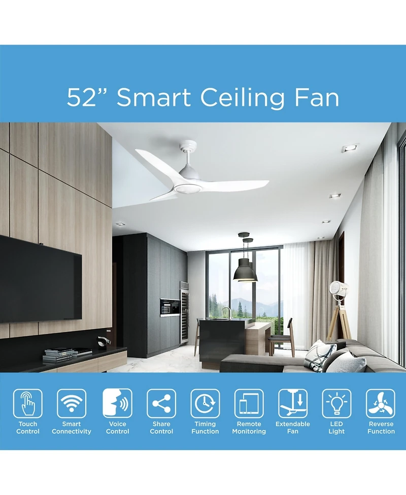 All Seasons 52" Ceiling Fan with Light, Quiet, Alexa/Google, 3 Color Led Lights, Reversible