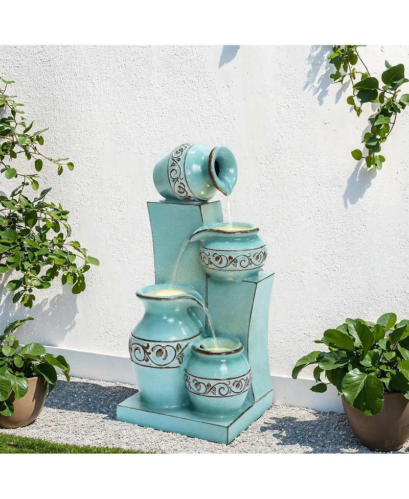 LuxenHome Light Blue 4-Tier Ornate Jugs 2.5-Feet Tall Outdoor Polyresin Fountain with Lights