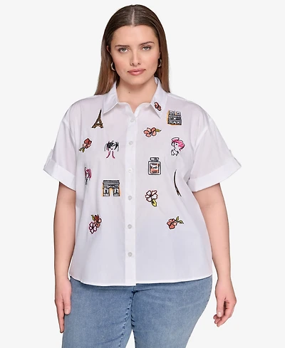 Karl Lagerfeld Paris Plus Cotton Embroidered Camp Shirt