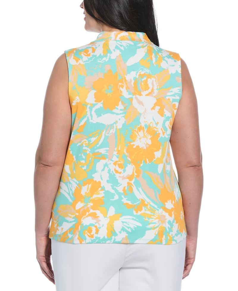 Rafaella Plus Floral Print Ribbed Sleeveless Polo T-Shirt