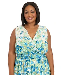 London Times Plus V-Neck Smocked-Waist Midi Dress