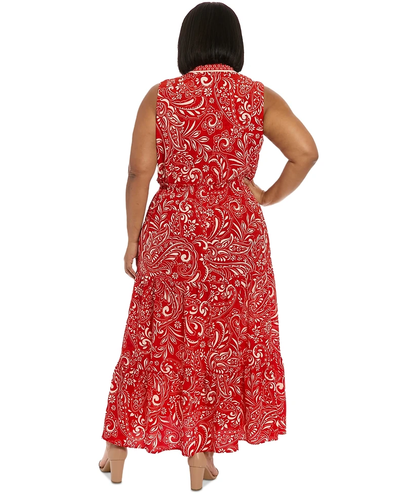 London Times Plus Ruffled-Neck Tiered Maxi Dress