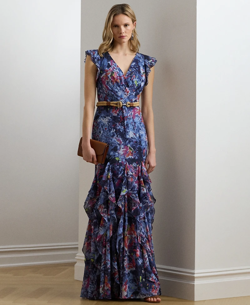 Lauren Ralph Lauren Women's Print Ruffle-Trim Crinkle Georgette Gown