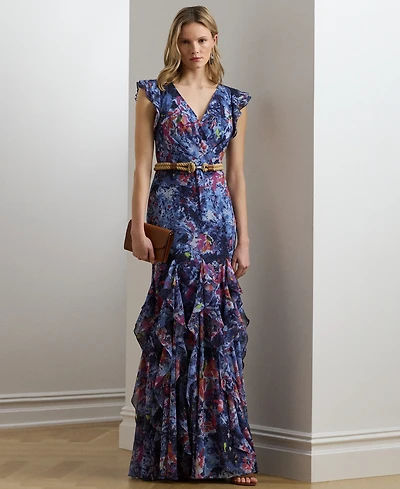 Lauren Ralph Lauren Women's Print Ruffle-Trim Crinkle Georgette Gown