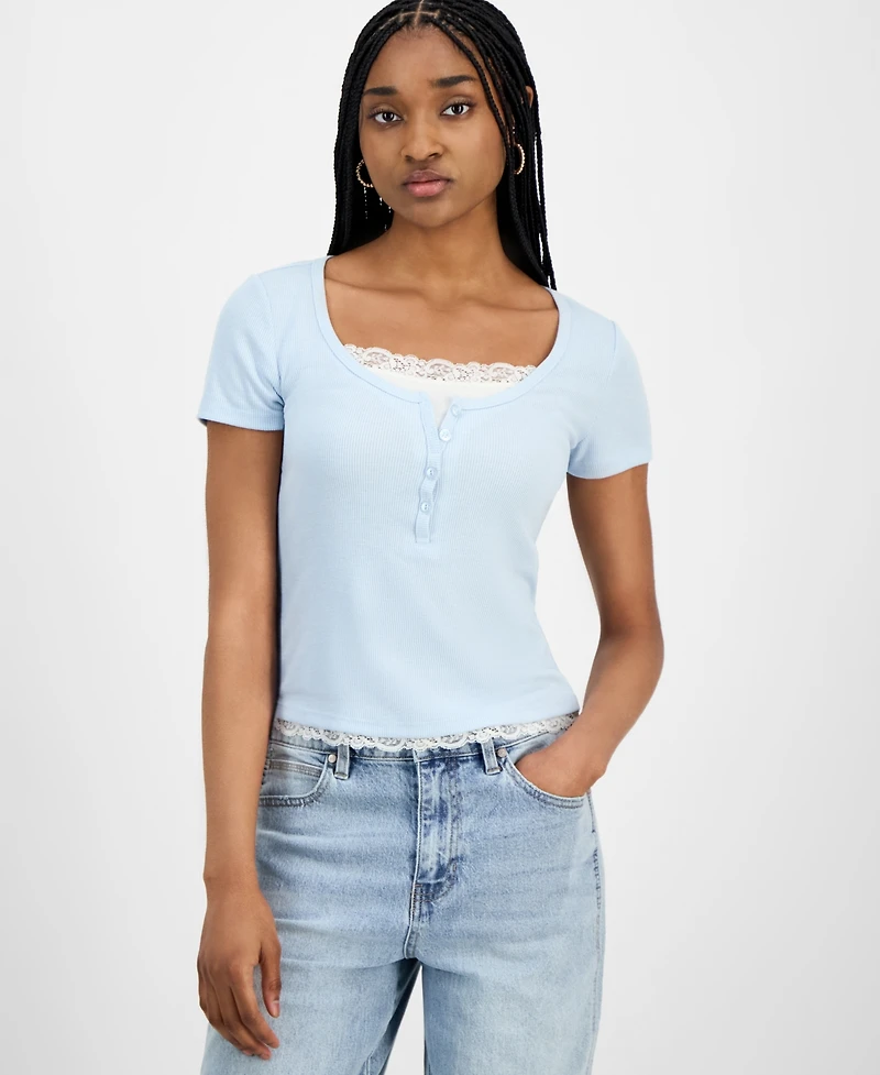 Hippie Rose Juniors' Lace-Trim Layered Henley T-Shirt
