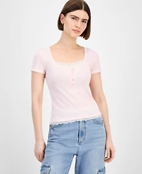 Hippie Rose Juniors' Lace-Trim Layered Henley T-Shirt