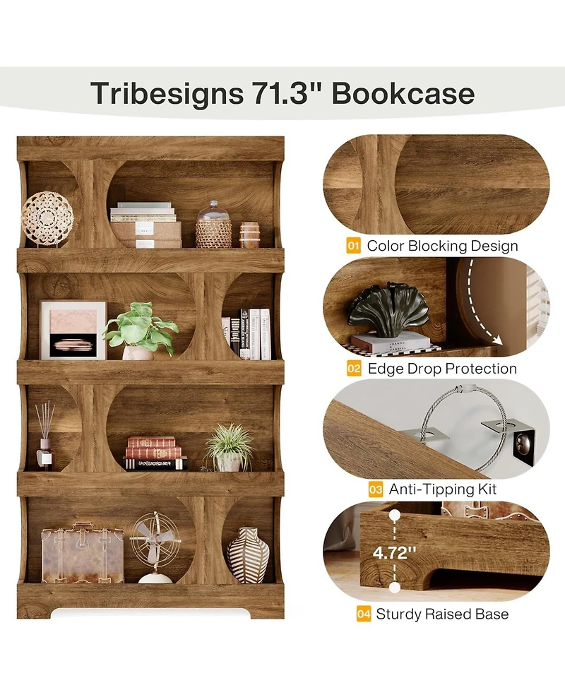 Tribesigns 71" Tall Bookcase, 4-Tier S-Shaped Bookshelf, Wood Decorative Storage Shelving,Library Book Shelf Unit for Home Office Living Room Bed