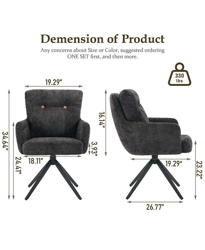 Dyhome Dining Chairs Set of 2, Mid Century Modern Swivel with Arm, Upholstered Accent Chair for Kitchen Living Room, Metal B