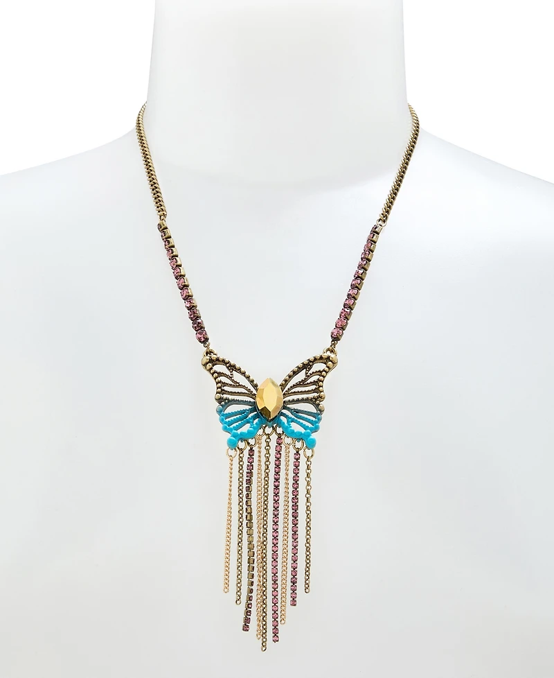 Betsey Johnson Faux Stone Boho Butterfly Fringe Pendant Necklace