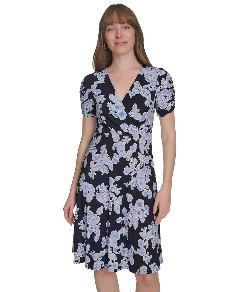Tommy Hilfiger Women's V-Neck Ruched-Sleeve Dress