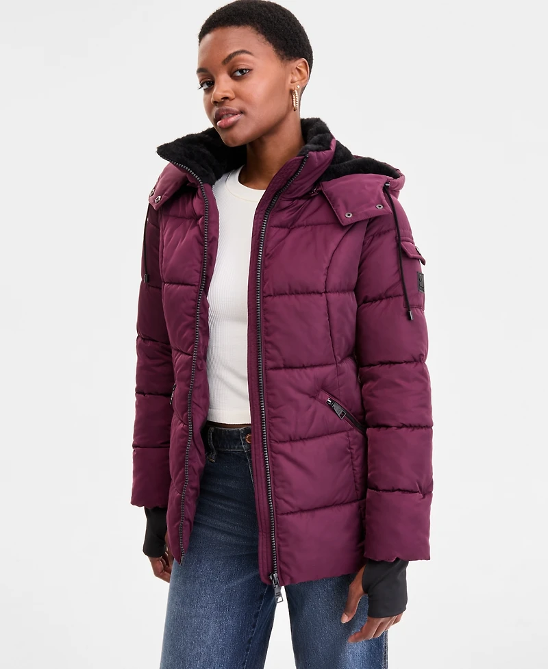 Steve Madden Women's Faux-Fur-Trim Hooded Puffer Coat