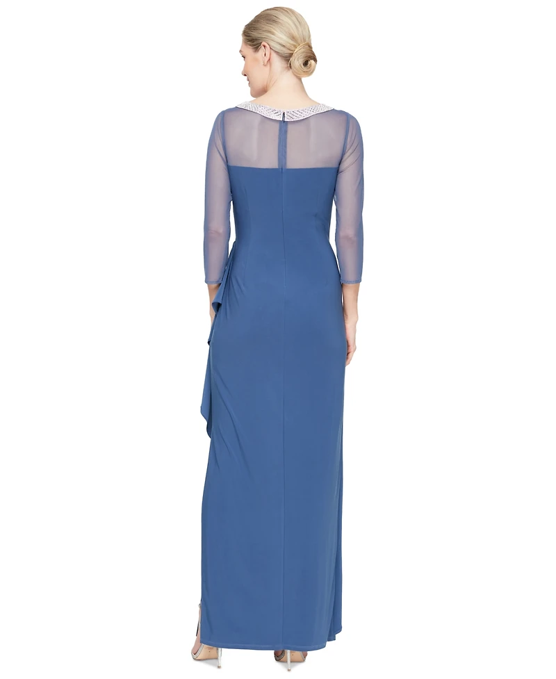 Alex Evenings Petite 3/4-Sleeve Illusion Ruffled Gown