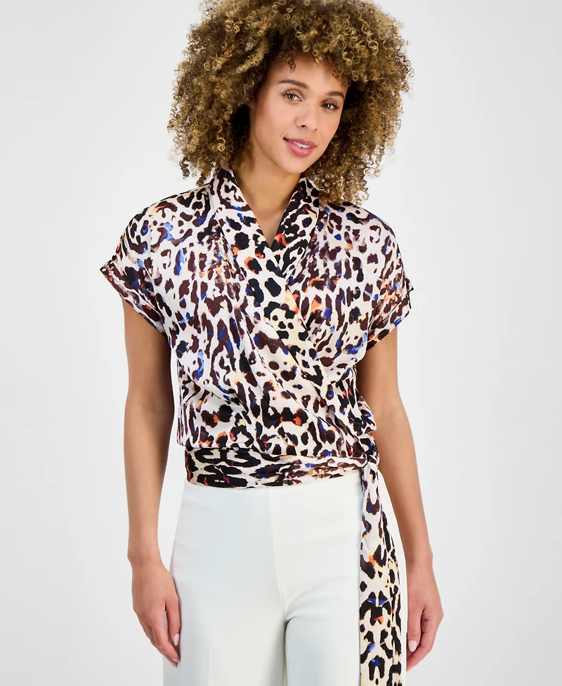 Tahari Asl Women's Printed Short-Sleeve Faux-Wrap Top, Regular & Petite