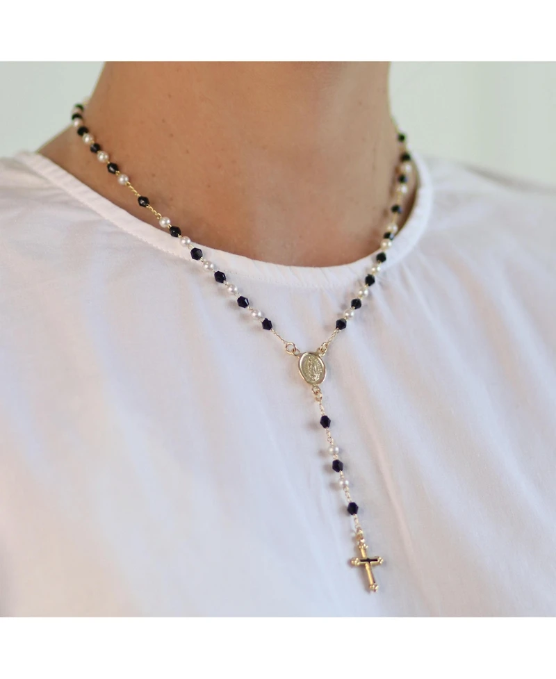 Bling Jewelry Dainty Black & White Pearl Virgin Mary Rosary Necklace with Cross Gold Plated