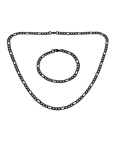 Bling Jewelry Flat Figaro Link 5MM Necklace & Bracelet Set Black Gold Tone Stainless Steel
