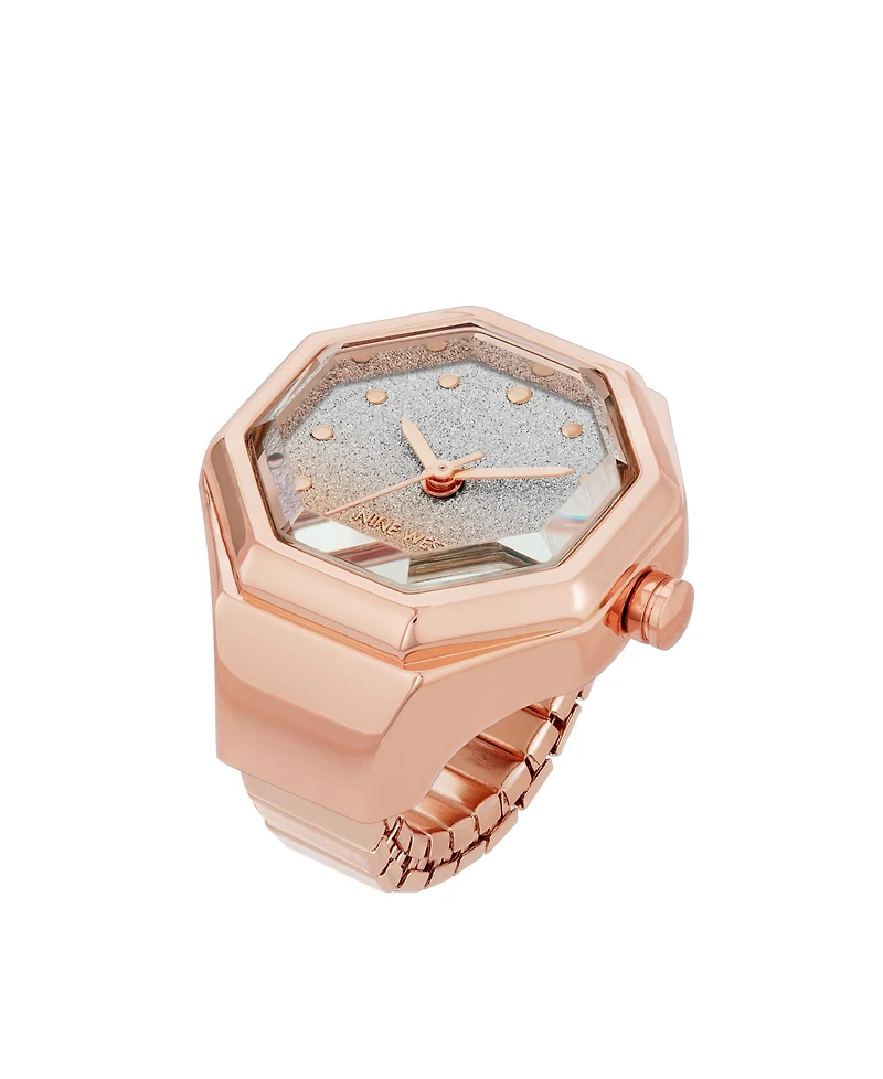 Nine West Women's Quartz Octagonal Ombre Glitter Rose Gold-Tone Metal Alloy Ring Watch, 23mm