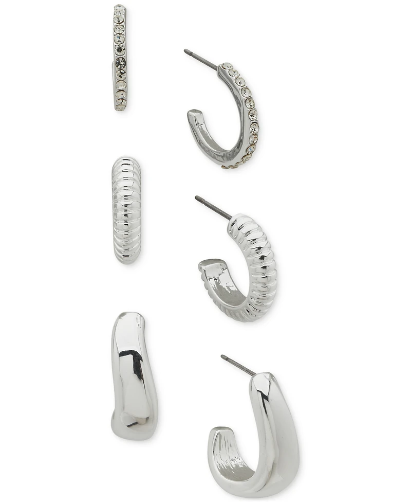 Anne Klein Silver-Tone 3-Pc. Set Pave & Puffy C-Hoop Earrings