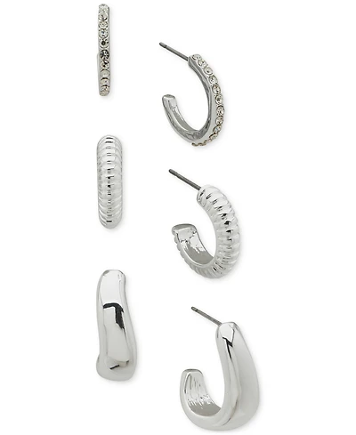 Anne Klein Silver-Tone 3-Pc. Set Pave & Puffy C-Hoop Earrings