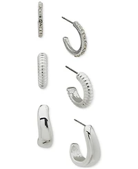 Anne Klein Silver-Tone 3-Pc. Set Pave & Puffy C-Hoop Earrings