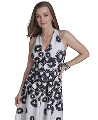 Halston Women's Halter V-Neck Flared Midi Dress