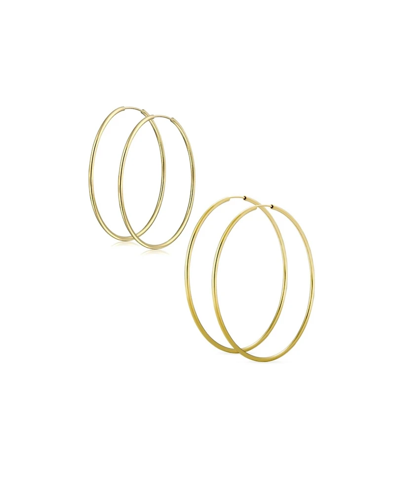 Bling Jewelry Set of 2 Minimalist Hoop Earrings 2MM Gold Plated 1.75 Inch & 2.5 Inch