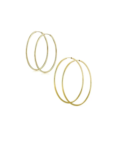 Bling Jewelry Set of 2 Minimalist Hoop Earrings 2MM Gold Plated 1.75 Inch & 2.5 Inch
