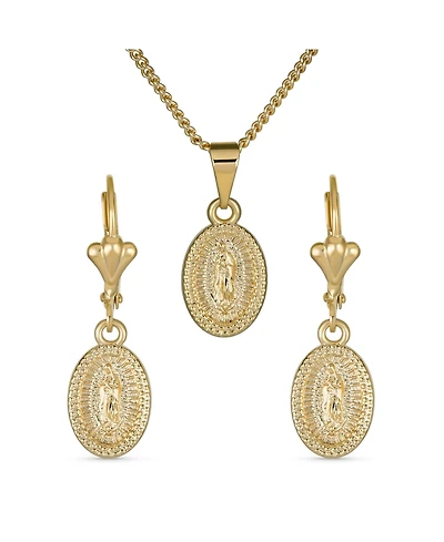 Bling Jewelry Christian Religious Medal Medallion Jewelry set Oval Our Lady Of Guadalupe Virgin Mary Necklace Dangle Earrings Yellow Gold Plated Brass