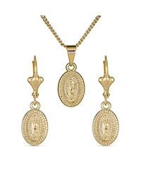 Bling Jewelry Christian Religious Medal Medallion Jewelry set Oval Our Lady Of Guadalupe Virgin Mary Necklace Dangle Earrings Yellow Gold Plated Brass