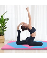 8 Feet Pu Leather Folding Gymnastics Mat with Hook and Loop Fasteners-Pink & Blue