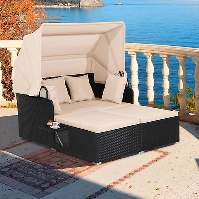 Patio Rattan Daybed Lounge Retractable Top Canopy Side Tables Cushions