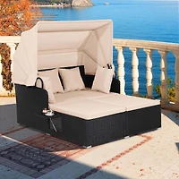 Patio Rattan Daybed Lounge Retractable Top Canopy Side Tables Cushions