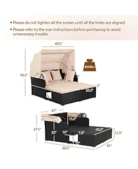 Patio Rattan Daybed Lounge Retractable Top Canopy Side Tables Cushions