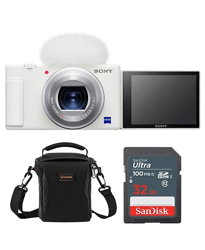 Sony Zv-1 Compact 4K Hd Camera, White, Bundle with 32GB Memory Card and Shoulder Bag