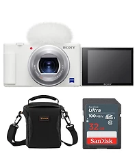 Sony Zv-1 Compact 4K Hd Camera, White, Bundle with 32GB Memory Card and Shoulder Bag